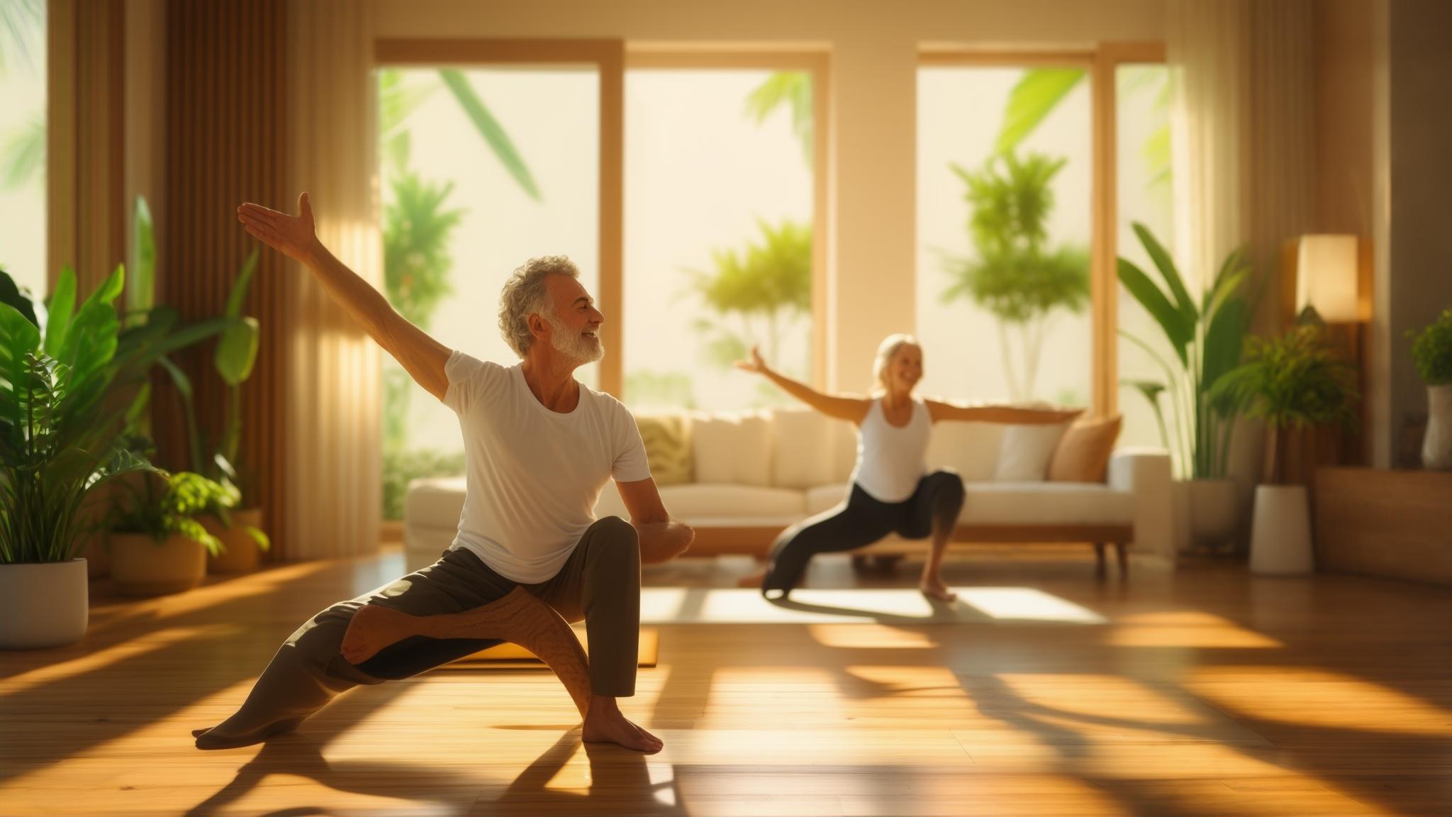 A happy couple stretching together in a bright modern living room